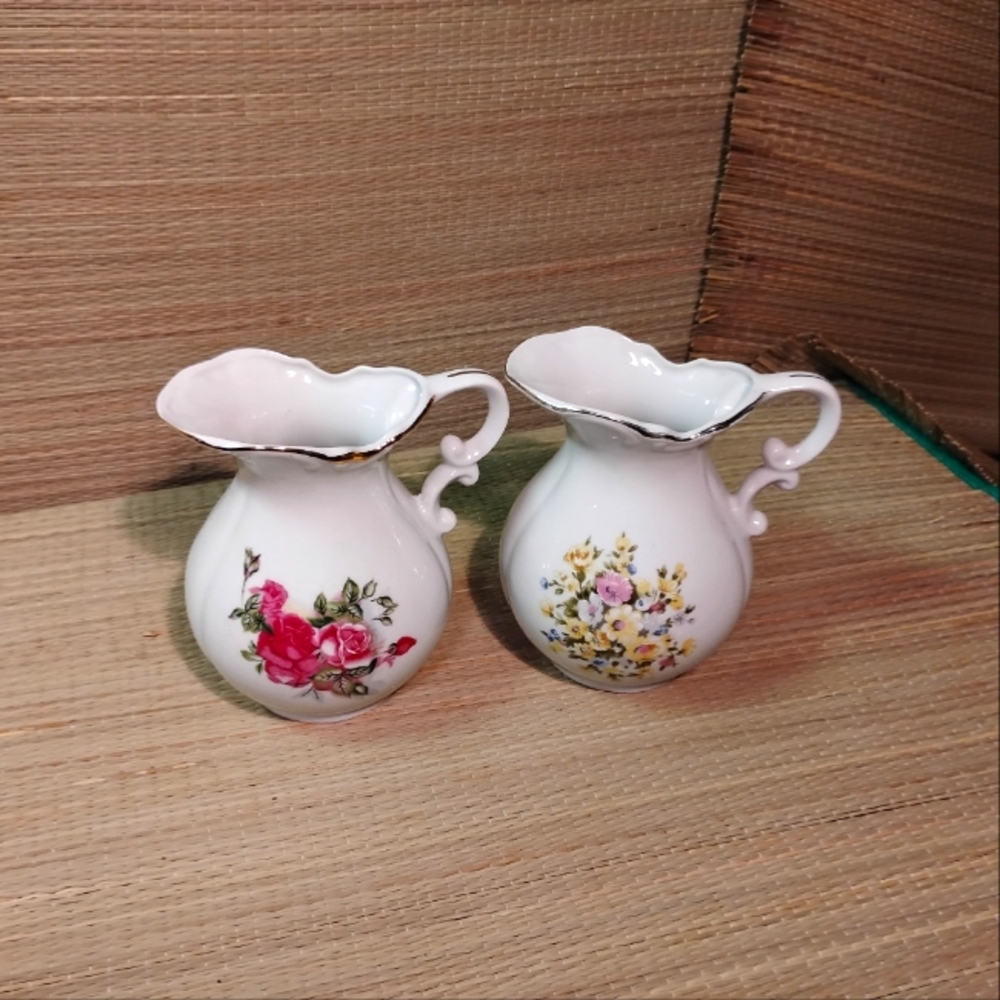 Antique Floral Porcelain Pitcher Set - White with Red and Yellow Accents Japan